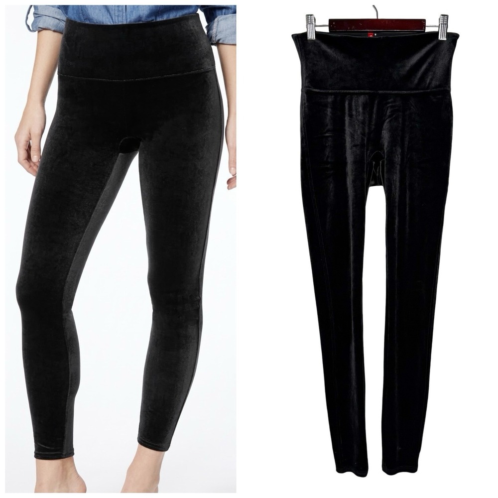 Spanx Black Velvet Leggings Pants M High Rise Stretch Velour Tummy Control